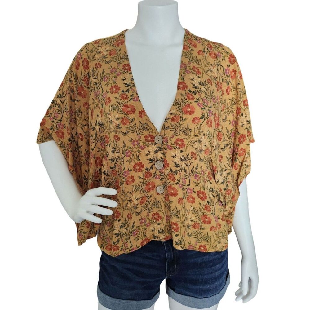 Olivaceous Floral Kimono Sleeve Blouse Orange Ochre Boho Button Front Top